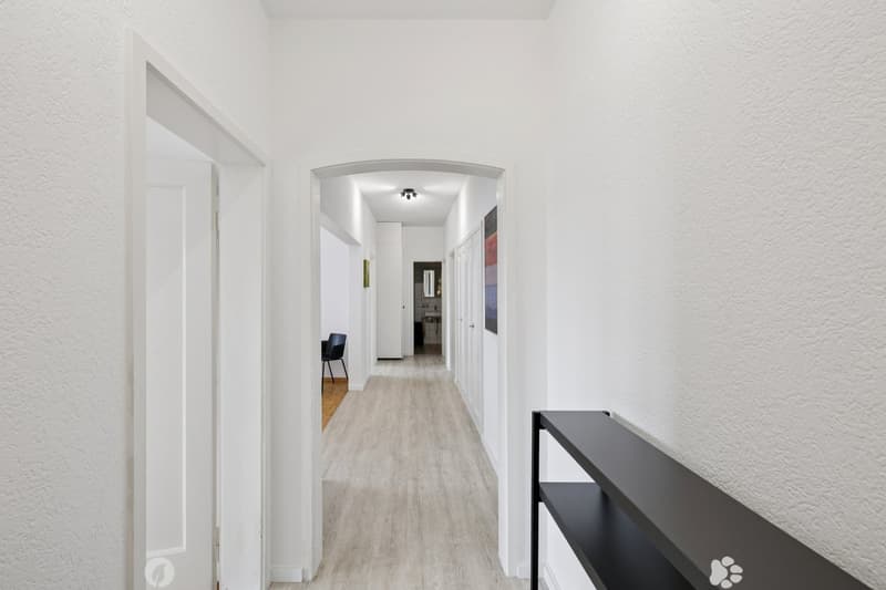modern hallway, white walls, grey wood floor, ceiling lights, black shelf