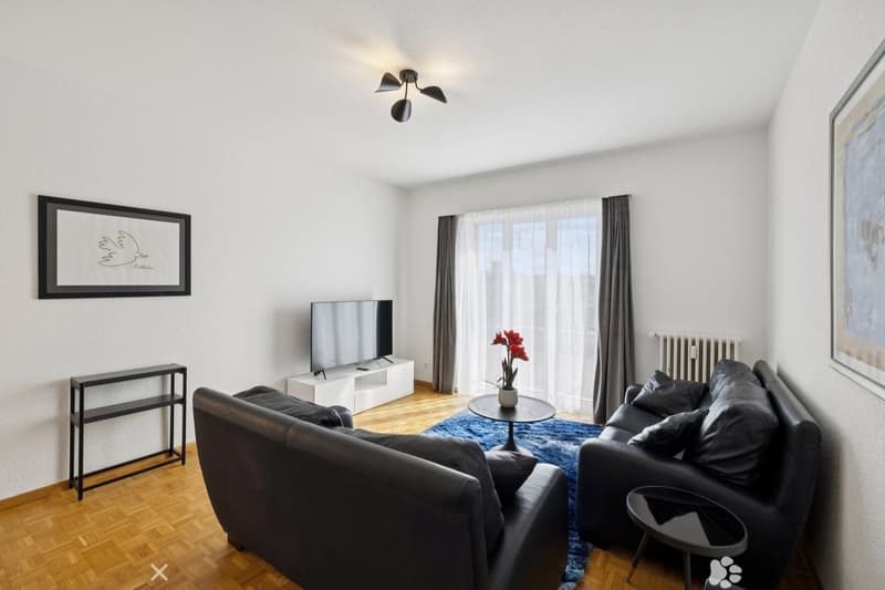 two black leather couches, tv, center table, wooden floor, wall decor, two white shelves, radiator