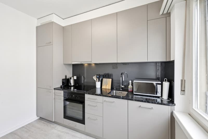 Modern kitchen with gray cabinets, granite countertop, integrated dishwasher, washing machine, black stove, microwave, sink, window
