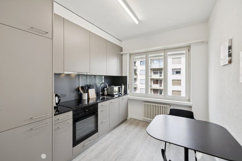 modern kitchen with appliances, wooden floors, central heating, view of the outside