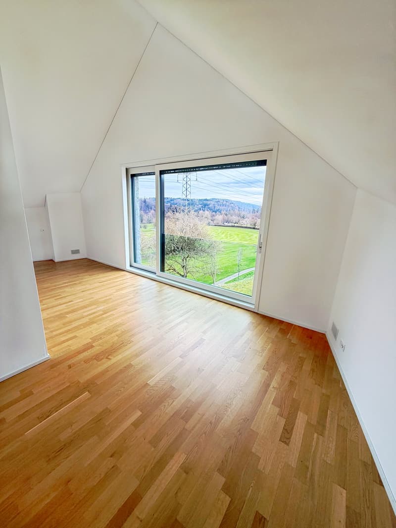 empty room, wooden floor, large glass window, white walls