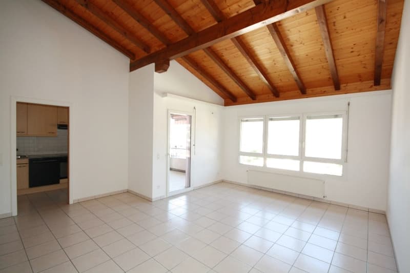 empty room, wooden ceiling, white tiles, radiator, large window, sliding door