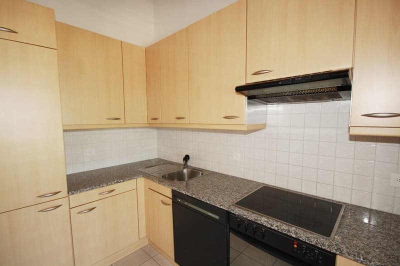 kitchen with wooden cabinets, granite countertop, black appliances, built-in range hood, sink