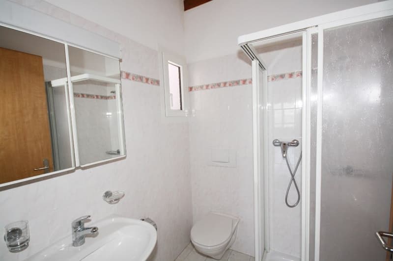 white bathroom, shower cubicle, mirror, white sink, toilet