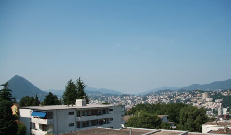 Aerial view of an urban area, with tall buildings, trees, and mountains in the background.
