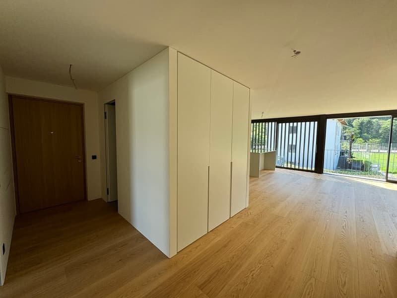 empty room with a large white wardrobe, wooden floor, brown wooden door, and big glass windows.
