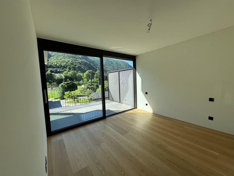 large glass sliding doors, balcony, wooden floors, mountain view