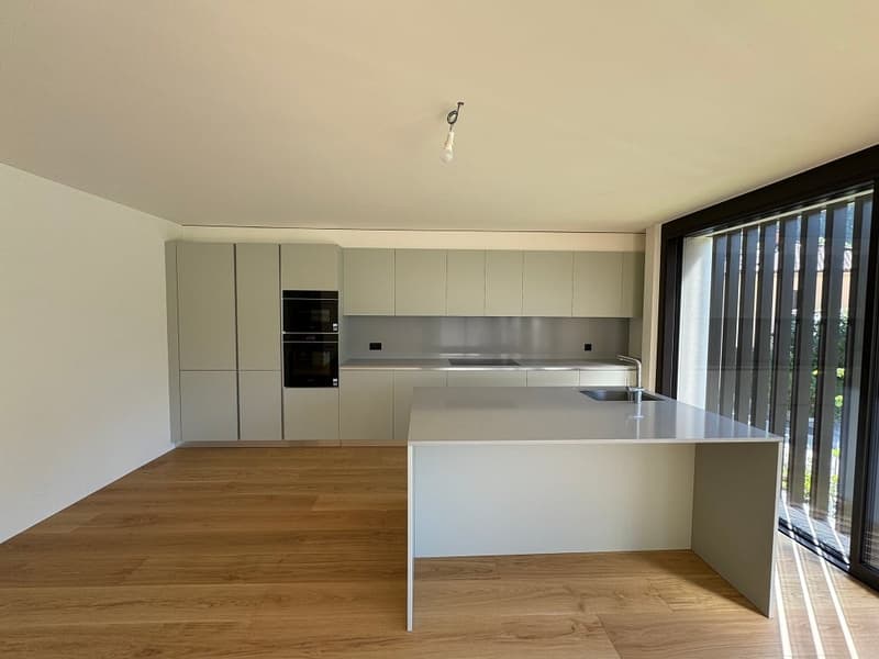 Modern kitchen with white cabinets, stainless steel appliances, and a large window providing natural light. The kitchen features a central island with a countertop and a dishwasher.