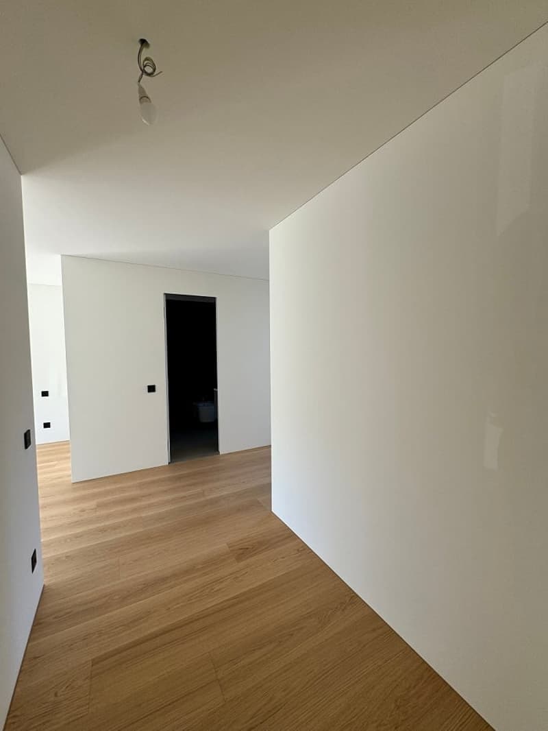 Spacious room with white walls, hardwood flooring, and a recessed lighting fixture on the ceiling. The room appears to be a hallway or entryway leading to another room or space.
