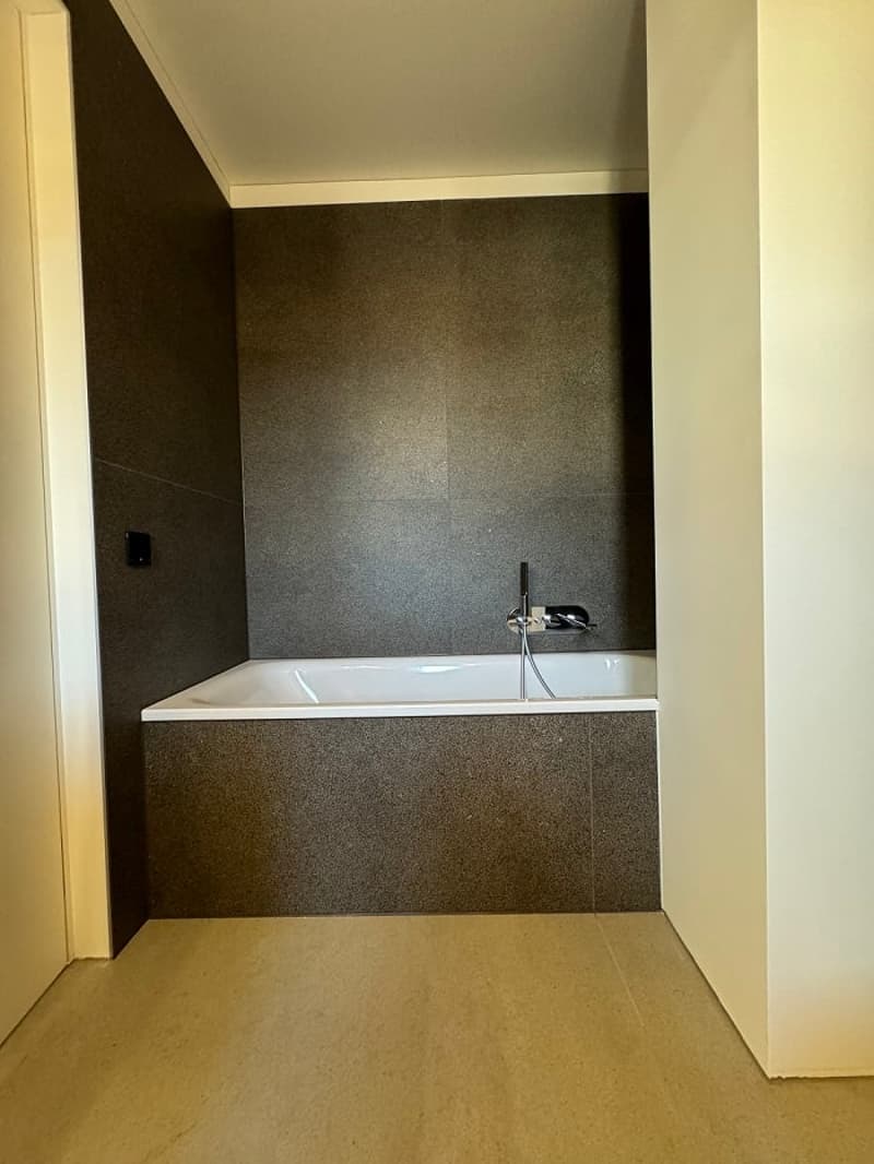 Spacious bathroom with a white bathtub, dark gray tiled walls, and a minimalist design.