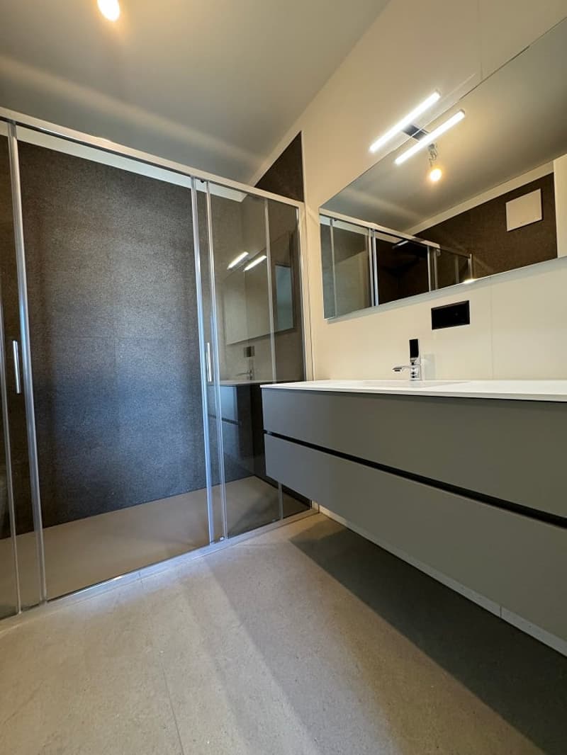 Large bathroom with sliding glass doors, double vanity with drawers, and built-in lighting fixtures