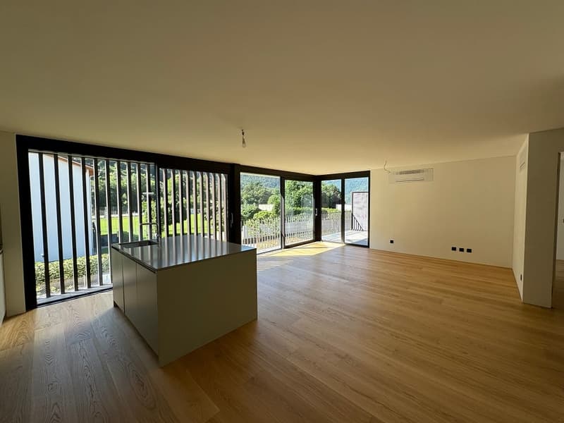Spacious open-plan living room with hardwood floors, large windows overlooking a garden, and a central island or counter in the middle of the room.