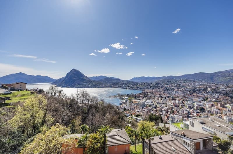 Houses on a hill with a view of the city and mountains