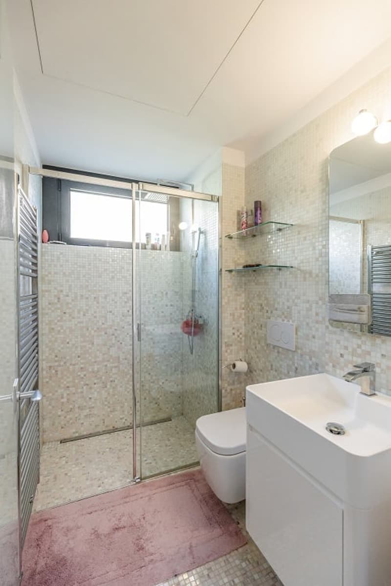 Bathroom with shower, toilet, sink, mirror, shelves, and a towel rack.