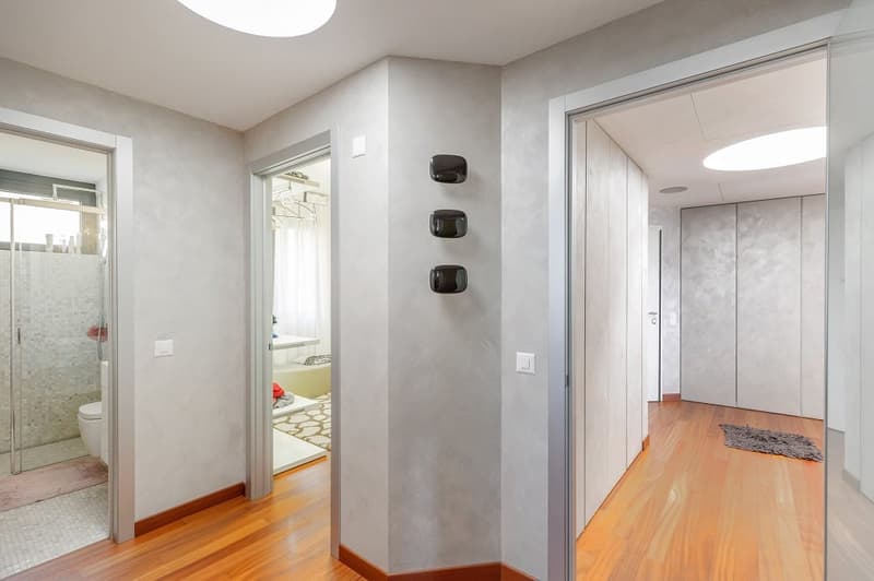wooden floor, gray walls, glass doors, open bathroom with shower, toilet, bathtub, hallway