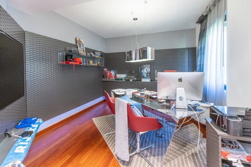 office room with desk, computer, chairs, shelves, carpet, printer