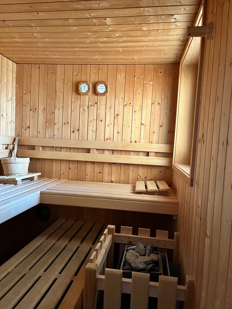 Wooden walls, benches, wood fireplace, buckets, wooden shelves, wooden floor
