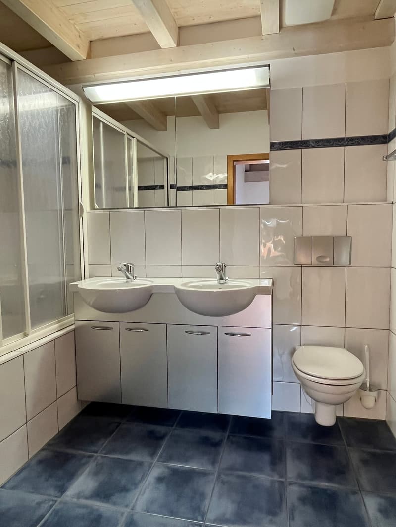 White tile walls, blue tiles on floor, shower enclosure, double sink with modern faucets, large mirror, white toilet, under-sink cabinets, recessed lighting