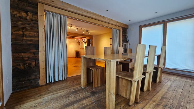wooden floor, wooden table, wooden chairs, glass window, white wall, sliding door, wooden wall, spotlights
