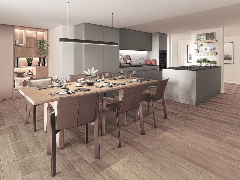 Dining room with wooden floor, gray walls, dining table, leather chairs, island kitchen, open shelves, hanging lamps, kitchen appliances