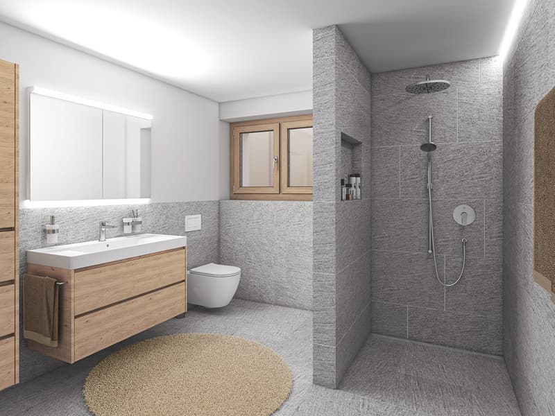 modern bathroom, shower, toilet, double sink, wooden vanity, wooden flooring, gray tiles