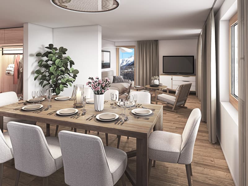 large dining table, grey chairs, view to a living room, TV on stand, decorative plant, window with mountain view