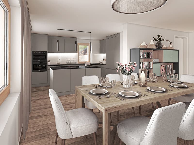 modern kitchen with appliances, dining area with a table, chairs, and decorative objects, wooden floor, gray cabinets, white walls, and ceiling lamp