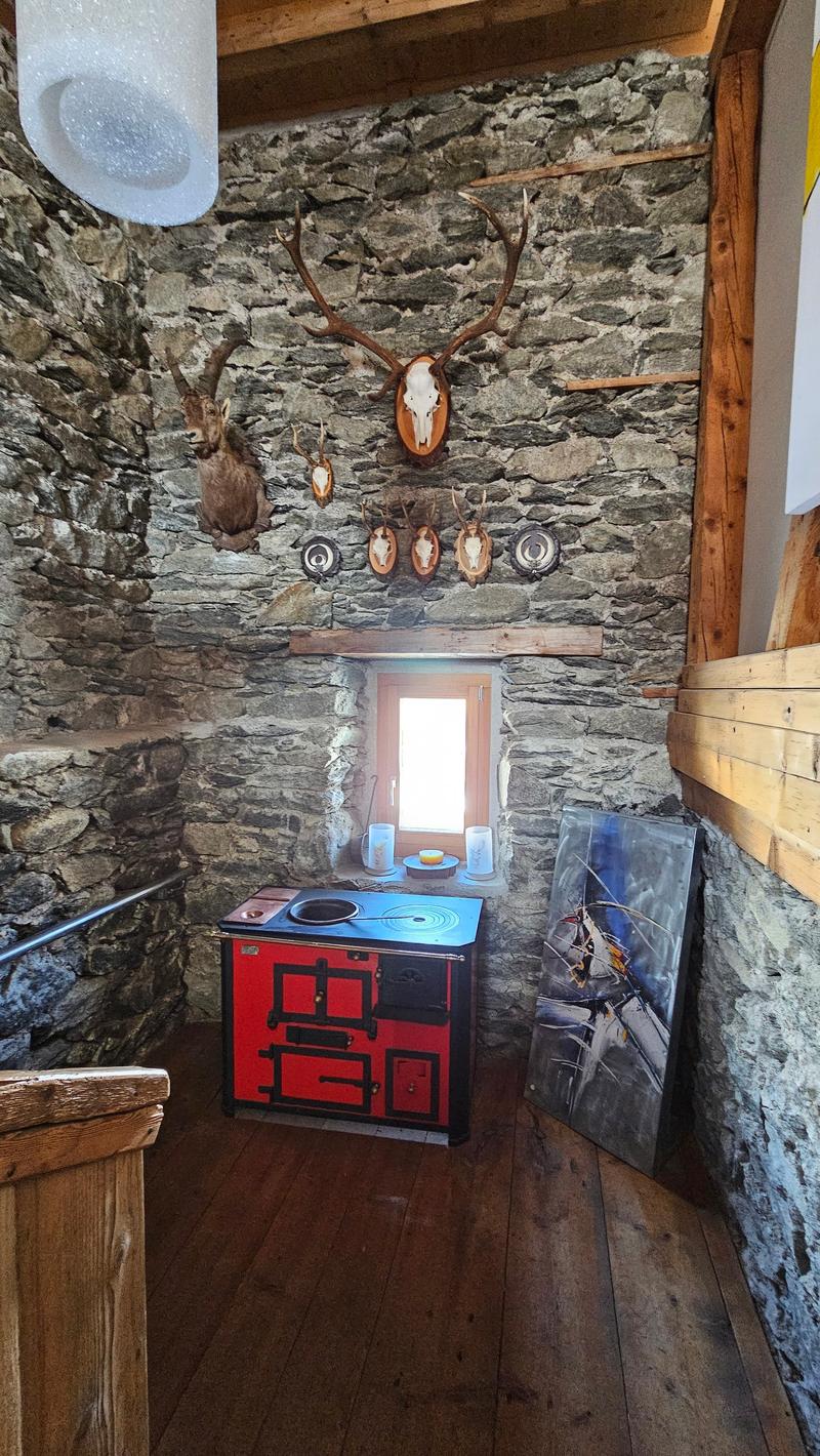 Stone walls, fireplace, mounted deer heads, red stove, wooden floor, art on wall, window