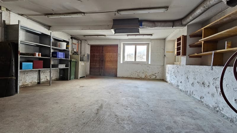 An empty basement with concrete floor, white walls and ceiling with fluorescent lights, shelves on the left wall, a wooden door, a window, and a trash bin on the right side.