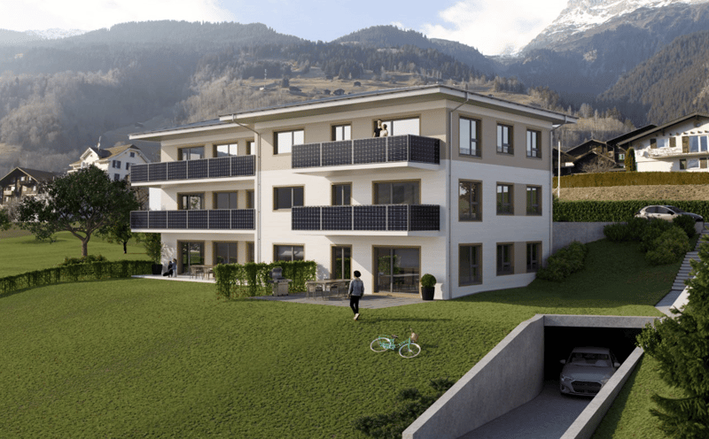 apartment building, solar panels, balconies, raised ground floor, underground garage, garden, mountain view