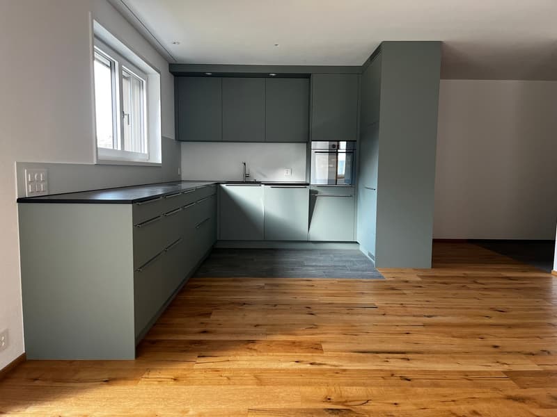 Kitchen with wooden floor, gray cabinets, black countertops, windows, faucet, oven, sinks