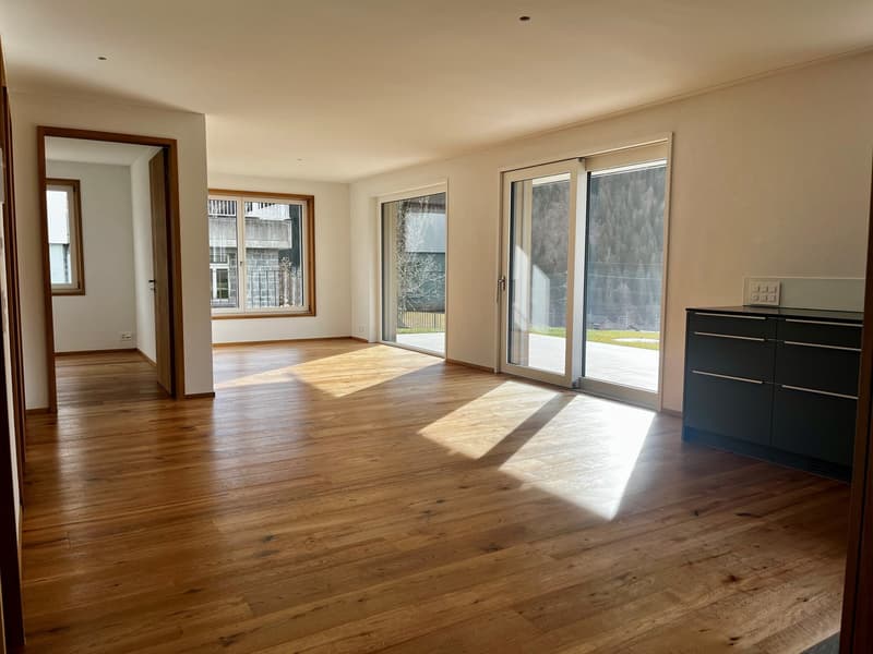 wooden floor, tall windows, sliding glass doors, balcony, modern design