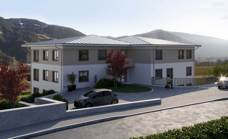 2 story house, light beige walls, grey roof, 4 windows, terrace, two cars parked
