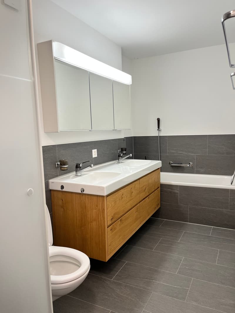 Bathroom with a wooden cabinet, double sink, toilet, bathtub, and a mirror with a light