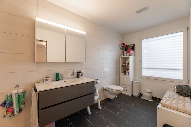 Bathroom with white sink, mirror, toilet, and shelves with toiletries