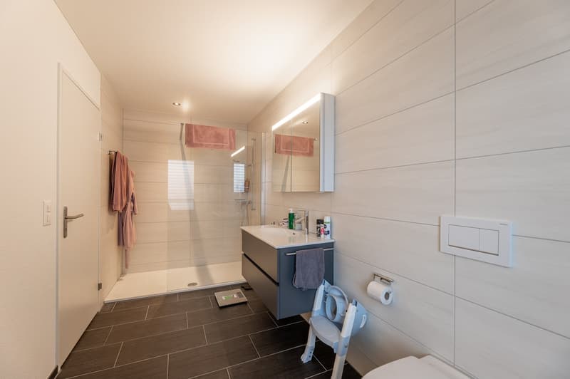 modern bathroom with white tiles, glass shower, vanity with sink, mirror, and towel rack, toilet, and toilet paper holder
