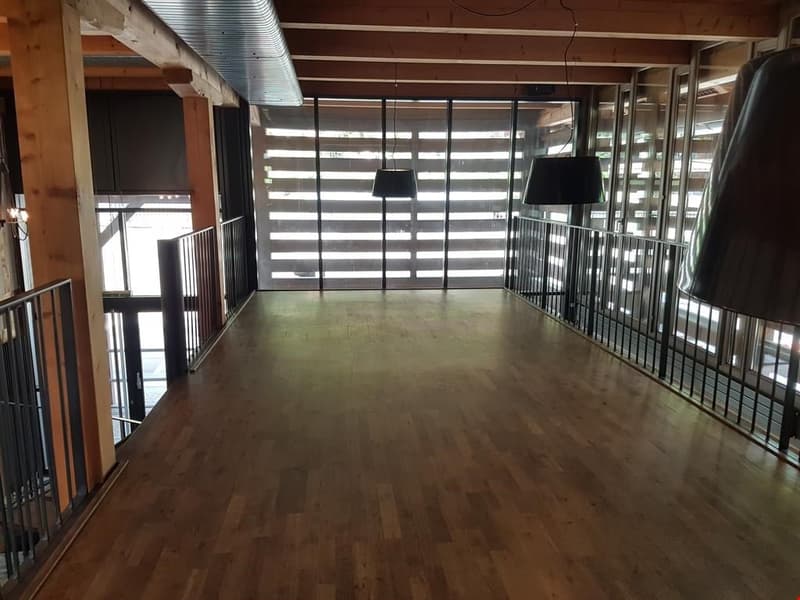 wooden floor, metal railings, large windows, lamps