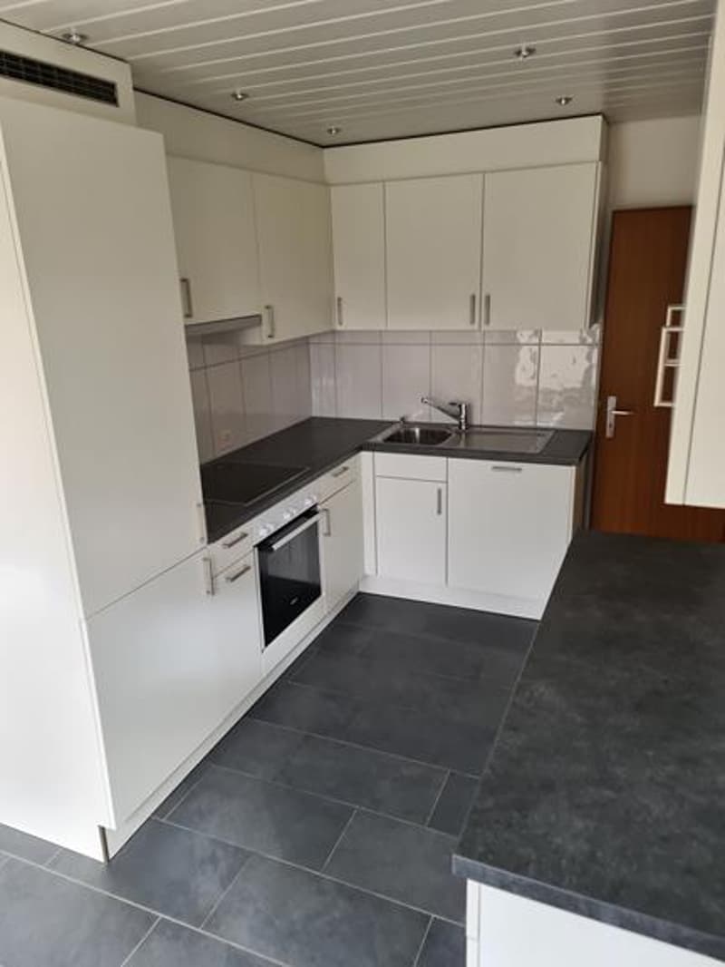 Modern, white kitchen with built-in appliances, dark countertops, and tiled flooring.