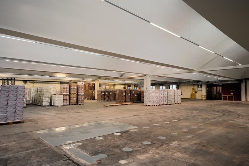 Wide, spacious warehouse with numerous pallets stacked neatly, white ceiling with long lights, concrete floor