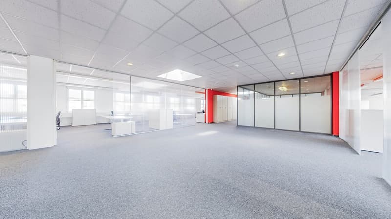 glass partition, white ceiling, gray carpet, white wall, glass wall, ceiling light, white table