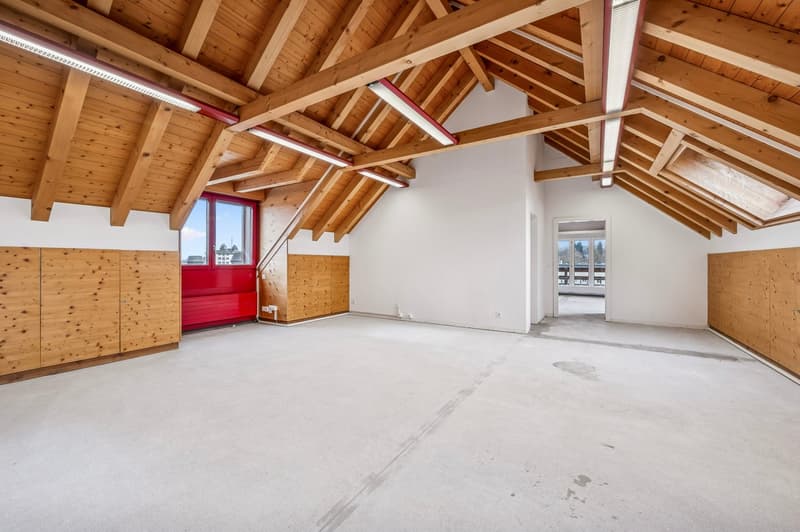 Wooden ceiling, white walls, empty room, red door, built-in wooden cabinets, windows