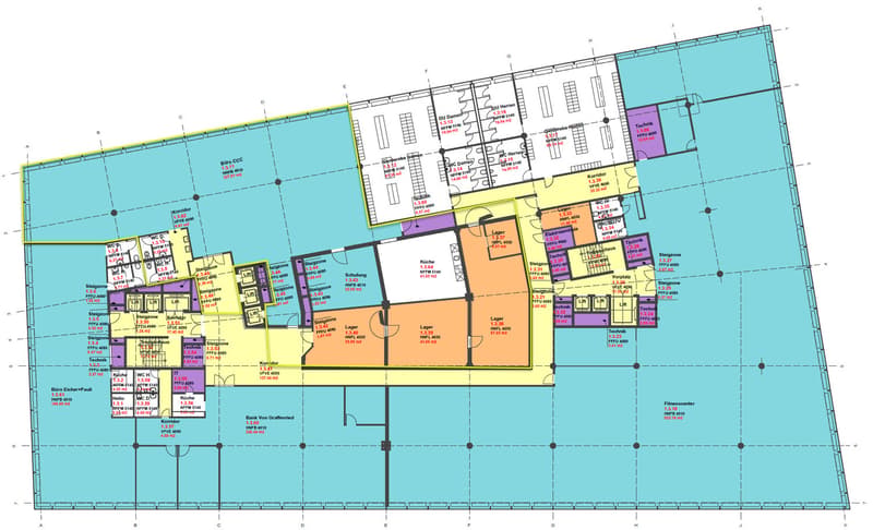Multiple sections labeled with names like Büro, Lager, etc. with dimensions in square meters.