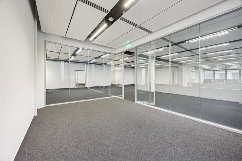 An empty office space with carpeted floor, glass walls, a white ceiling with recessed lights, and some glass doors.