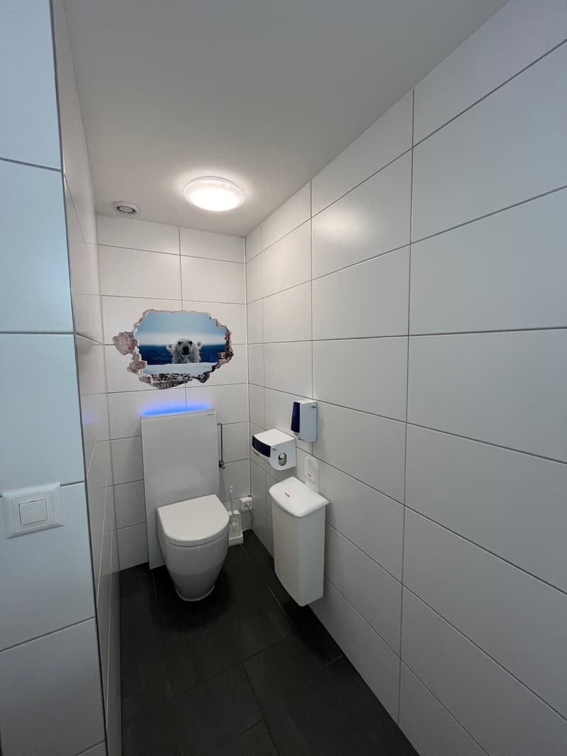 Modern bathroom with white tiles, recessed lighting, a toilet, and a wall-mounted soap dispenser. There's a creative cutout on the wall featuring a polar bear and an ocean scene.
