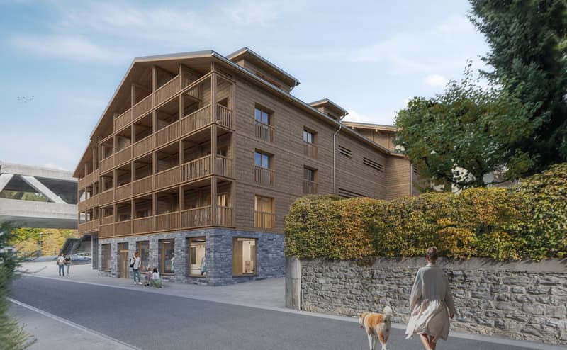 Modern wooden apartment building with multiple balconies, stone ground floor, multiple windows, and a street view.