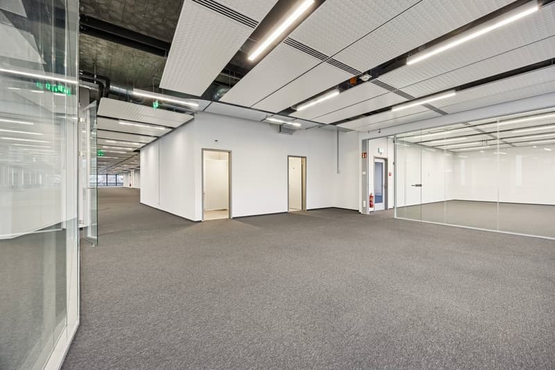 empty room, glass walls, gray carpet, white walls, ceiling lights, fire extinguisher
