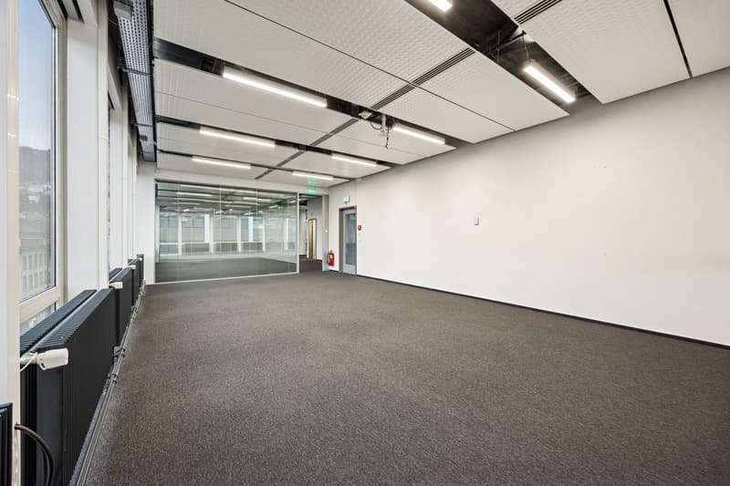 empty room, gray carpet, white walls, large windows, ceiling lights, fire extinguisher