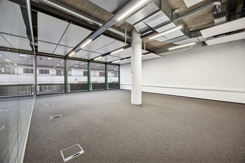 glass walls, carpeted floor, white ceiling and walls, ceiling lights, open to outside