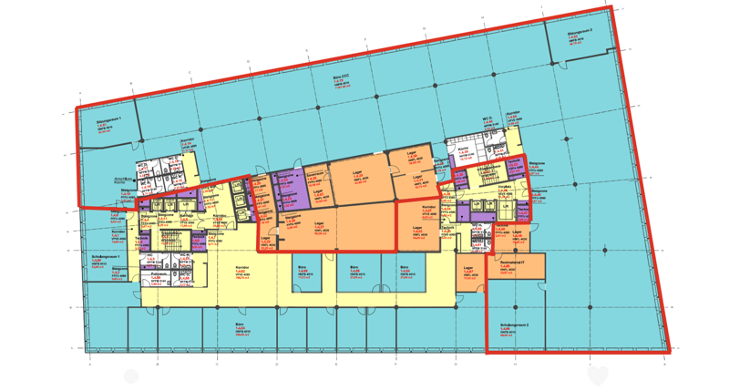 Various rooms labeled including bathrooms, toilets, storage, storage rooms, offices, utility rooms, meeting rooms, and corridors