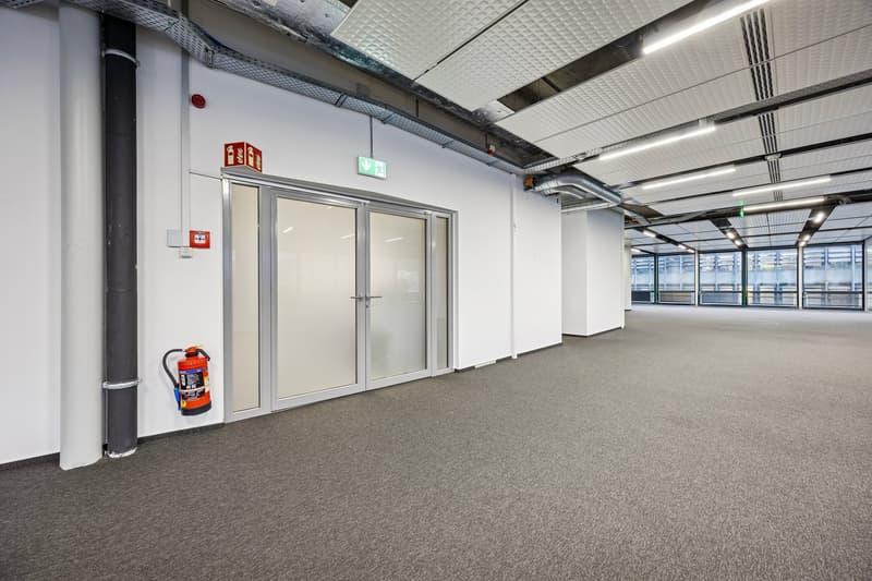 Office building: white walls, ceiling with lights, fire extinguisher, glass doors, white floors